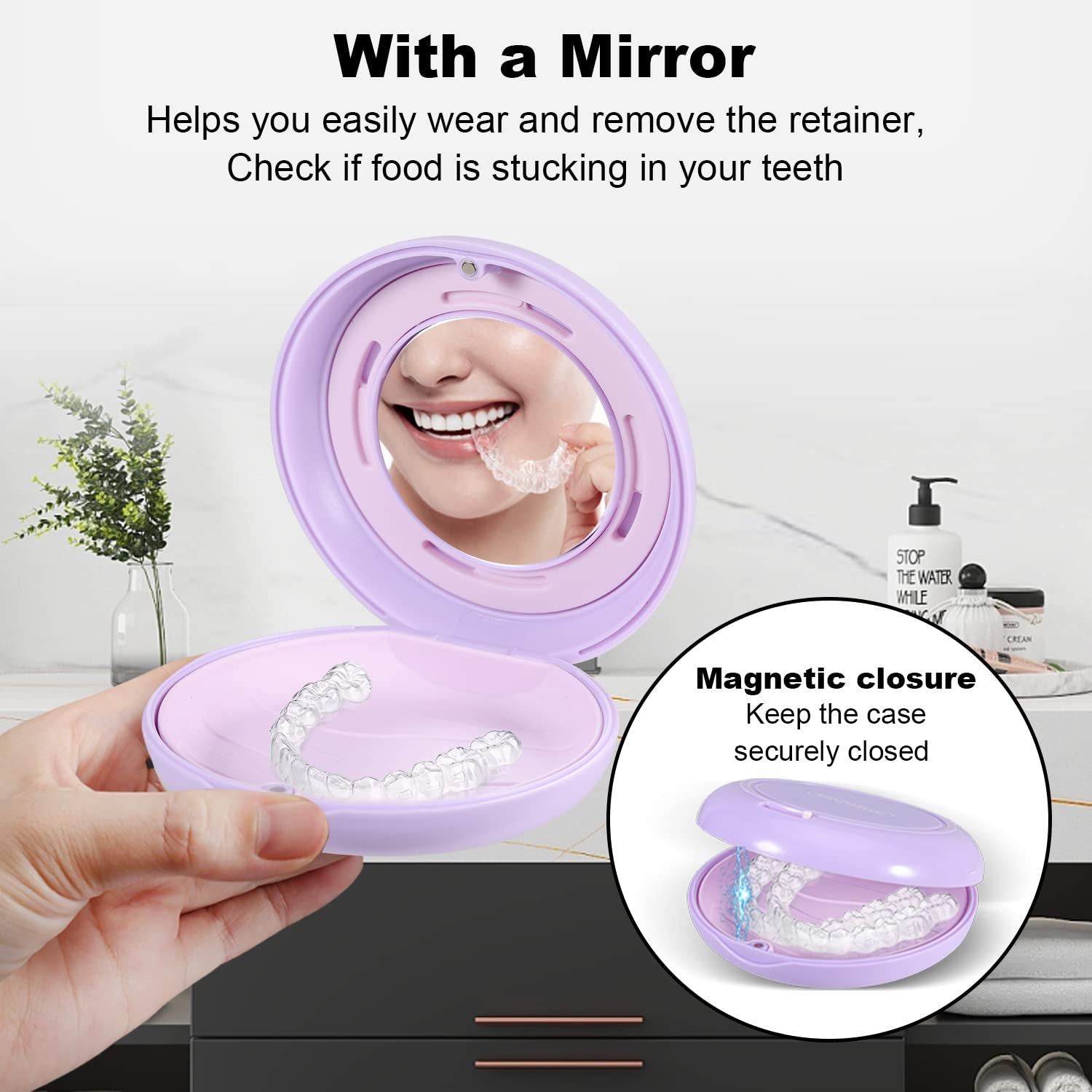Retainer Case with Mirror and Adjustable Vent Holes, Cute Slim Aligner Case Compatible with Invisalign, Night Mouth Guard Case, Retainer Holder with Retainer Remover Tool, Chew & Brush, Purple