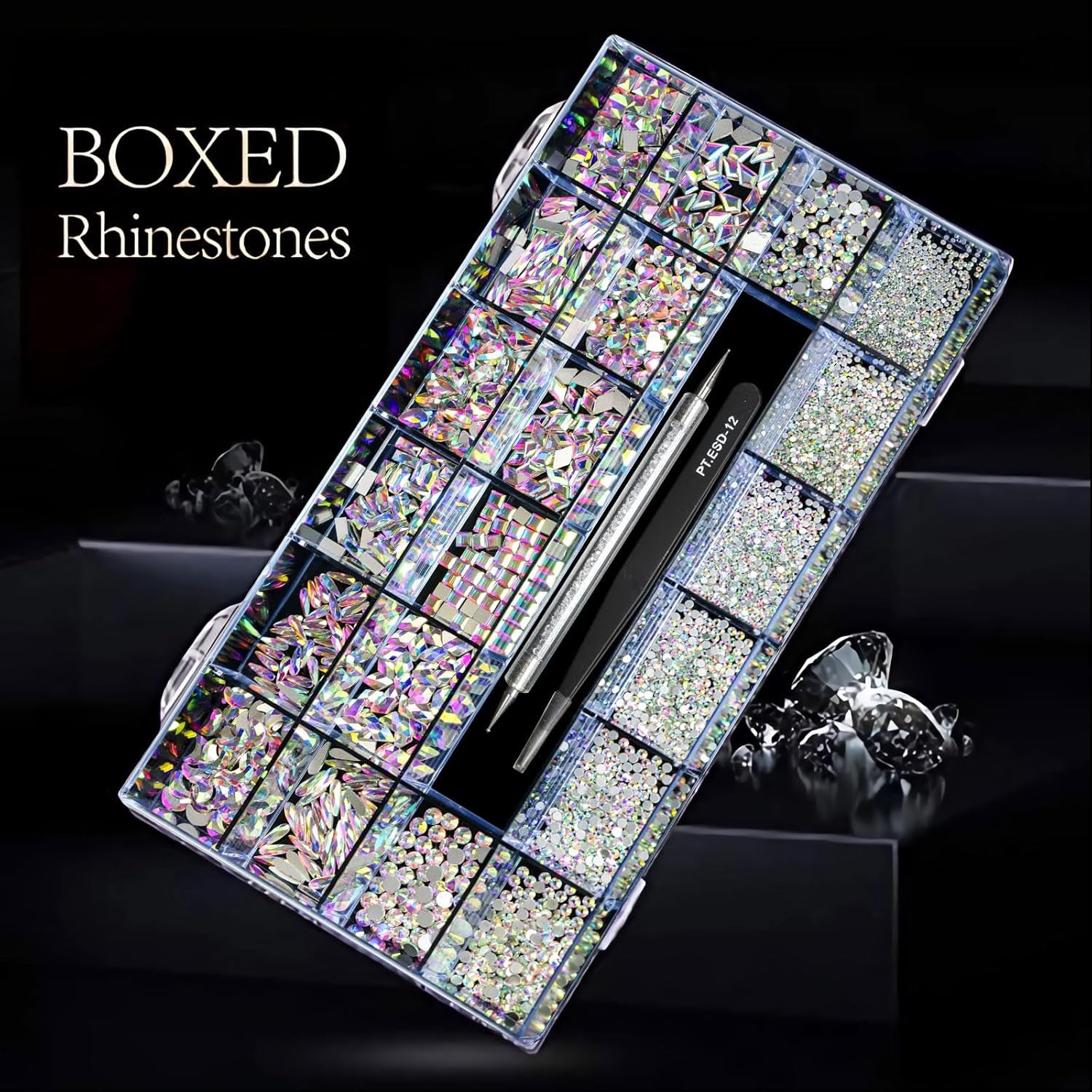 12 Types of 600 Special-Shaped Diamonds + 2500 Flat-Bottomed Rhinestones Mix 20 Styles Flatback Rhinestone Crystals 3D Decorations Flat Back Stones Gems Set +Tweezers + Drill Pen