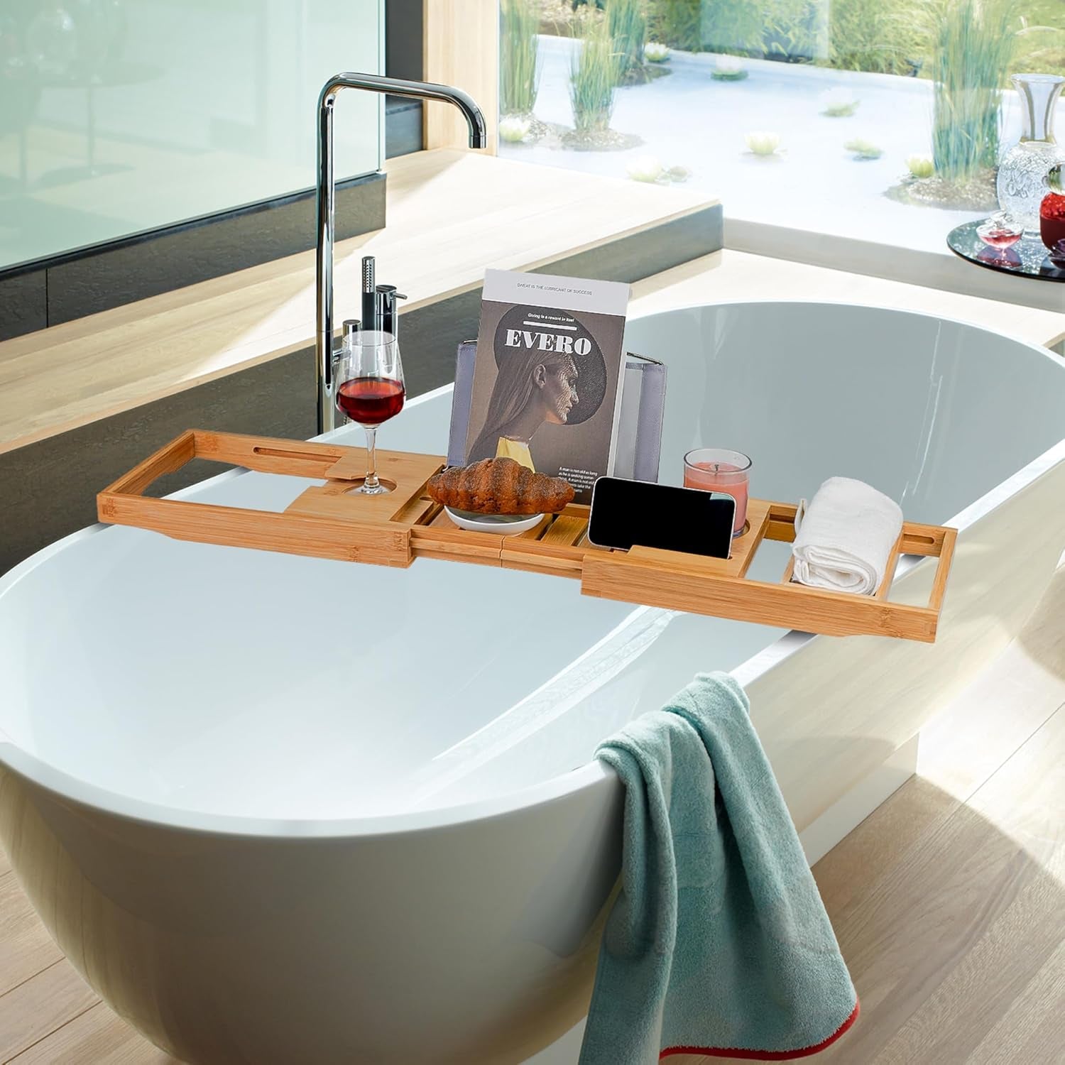 Bamboo Bathtub Caddy Tray Bath Tray for Tub, Adjustable Bathroom Bathtub Organizer with Book Tablet Wine Glass Cup Towel Holder