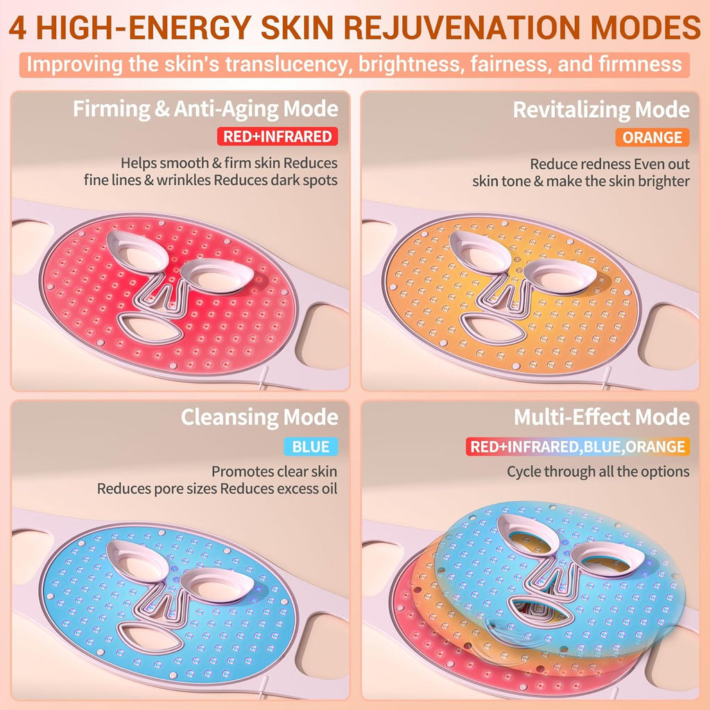 LED Face Mask Light Therapy, 4 Modes Portable Red Light Therapy for Face, 2000Mah Rechargeable Remote, Blue, Orange, 850NM Infrared & Red Light Mask, 400 Leds, Timing Function, at Home & Travel